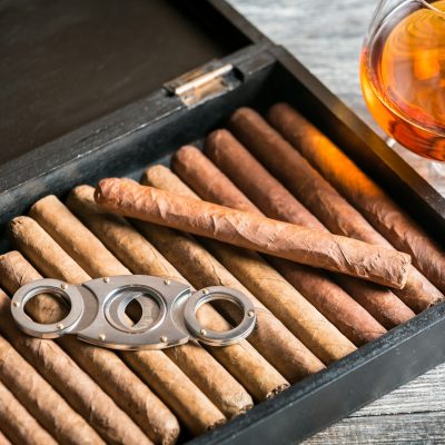 Wooden humidor full of cigars